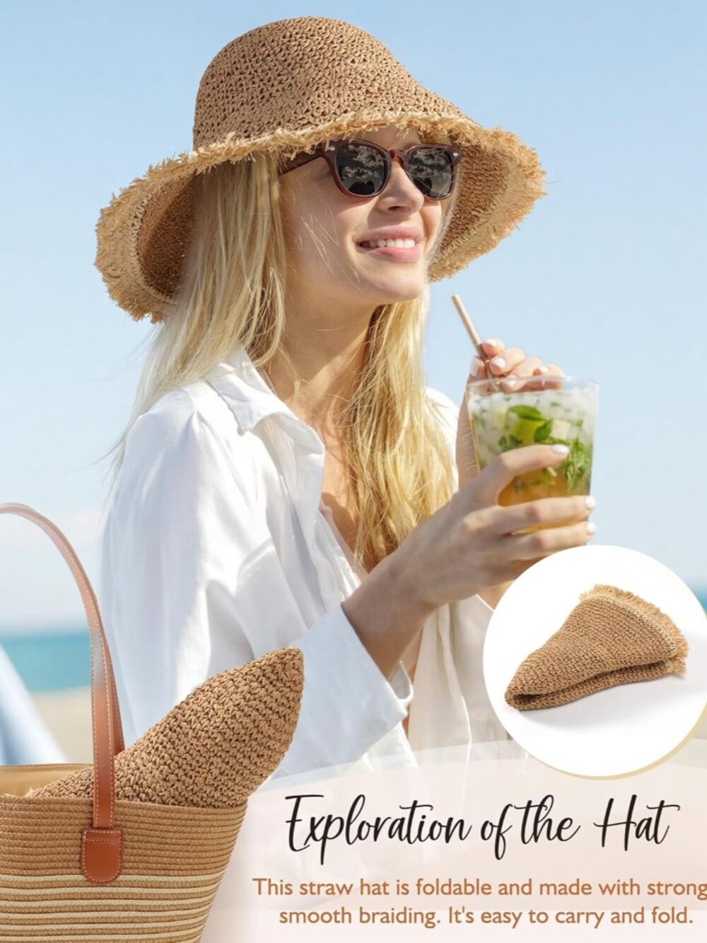 Beach Hats for Women - Straw Bucket Hats for Women, Packable Sun Hat Womens with - Picture 6 of 7